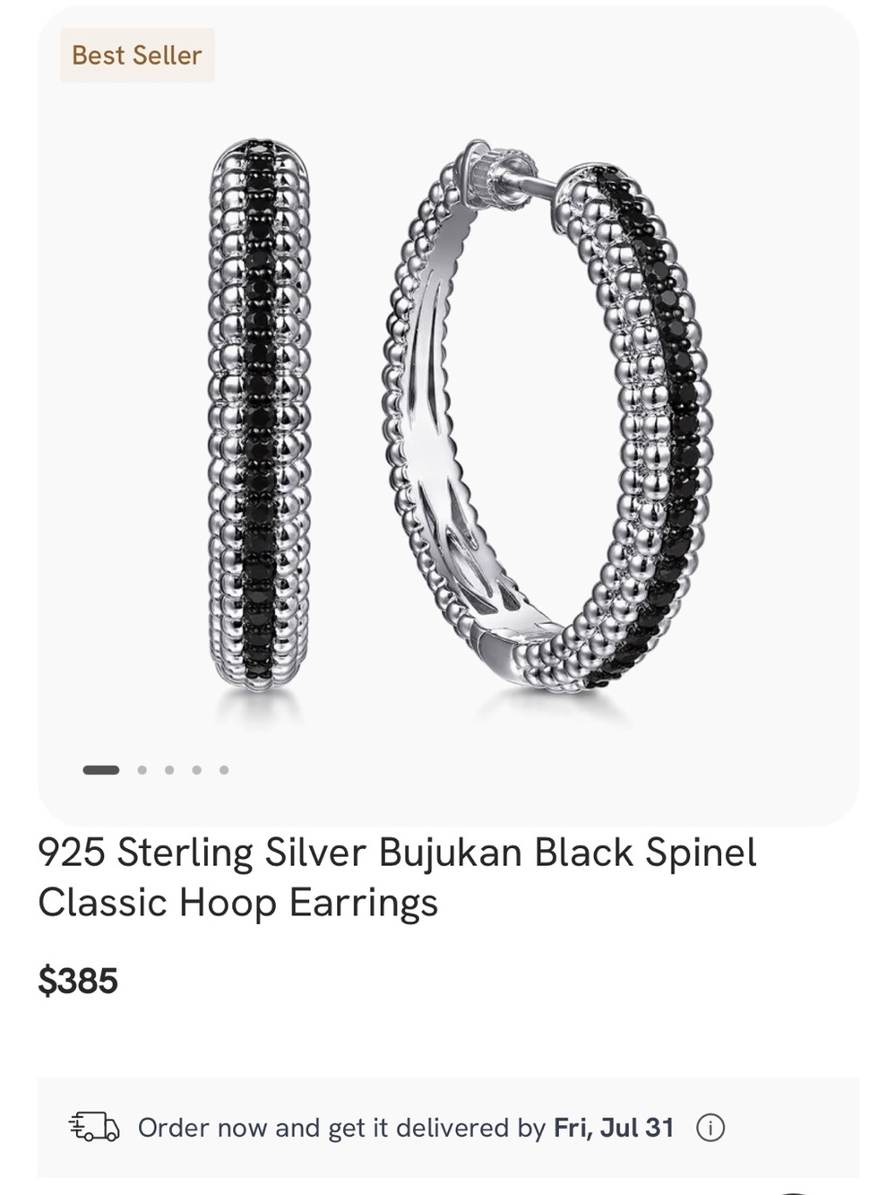 Gabriel & Co Black Spinel Beaded Hoop Earrings in 925 Sterling Silver